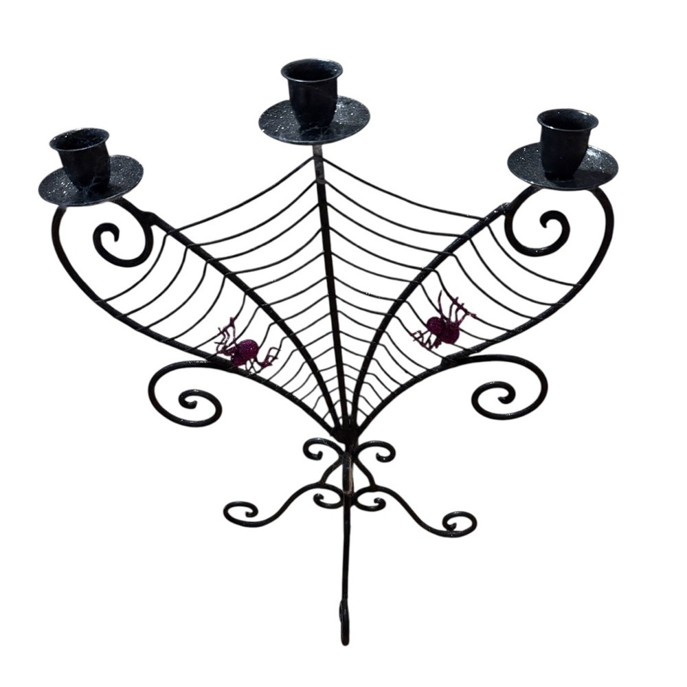Spiderweb And Spiders Halloween 15” 3 Candle Candle Holder Metal